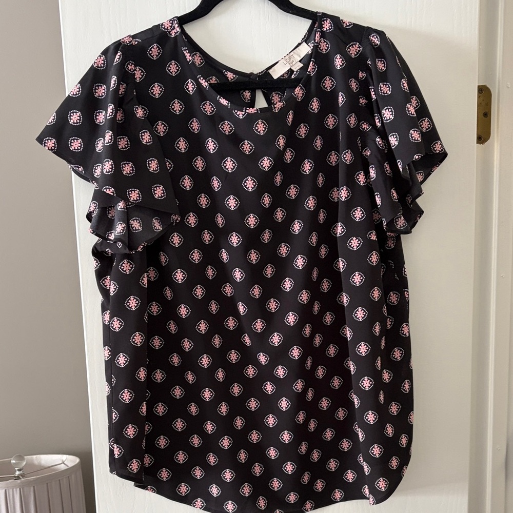 LOFT Black Blouse with Pink Medallion Print and Flutter Sleeves